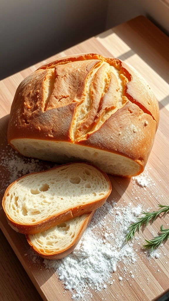Inspirational Quotes About Bread A freshly baked loaf of bread on a wooden board, with herbs and flour, symbolizing comfort and nourishment.